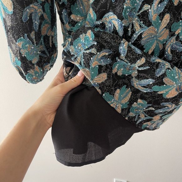 SANDRO Dress Sequins blue Flowers Sz 40 Gold - Picture 8 of 9